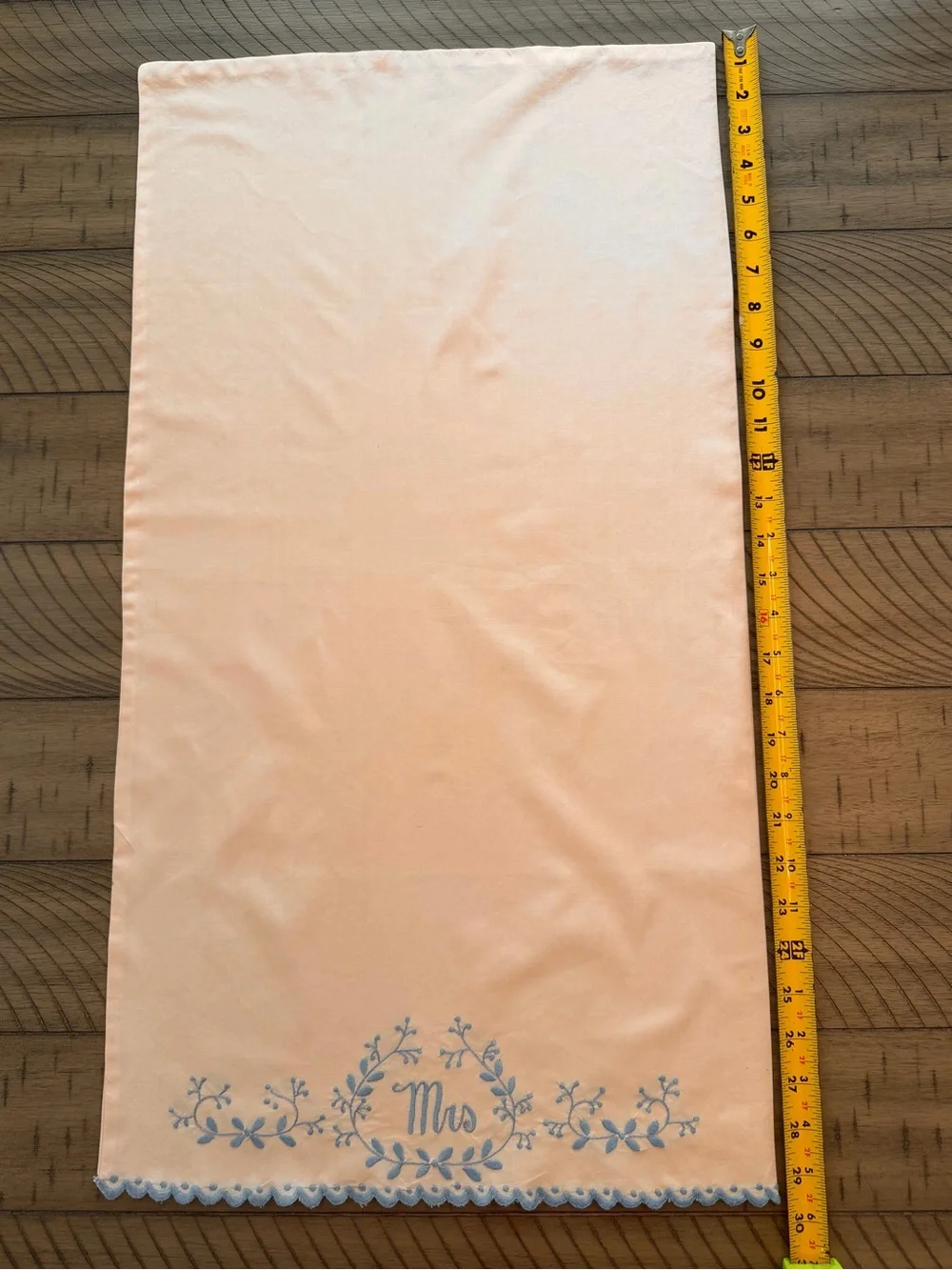 Vintage 1950’s Hand Embroidered Mr. & Mrs. Peach pillow Cases with Blue Trim